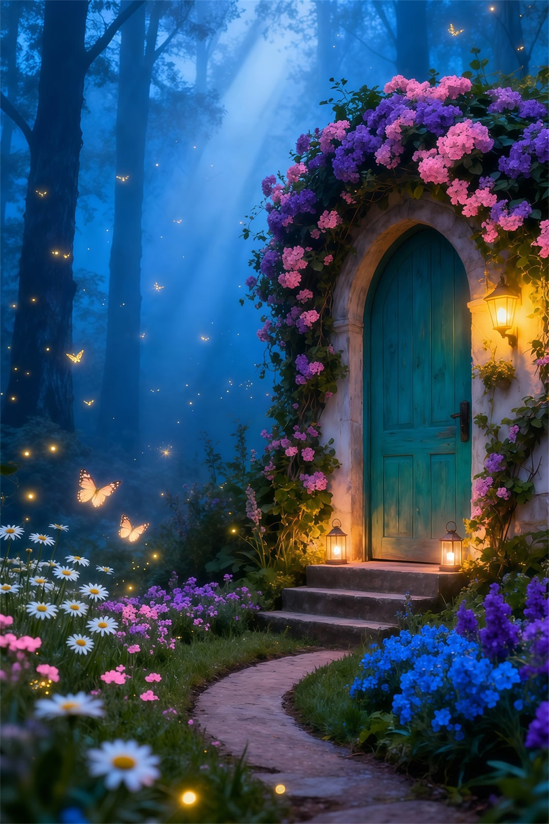 Fond Studio Photo Printemps Cottage Enchanté Lueur Lanternes LXX61-159