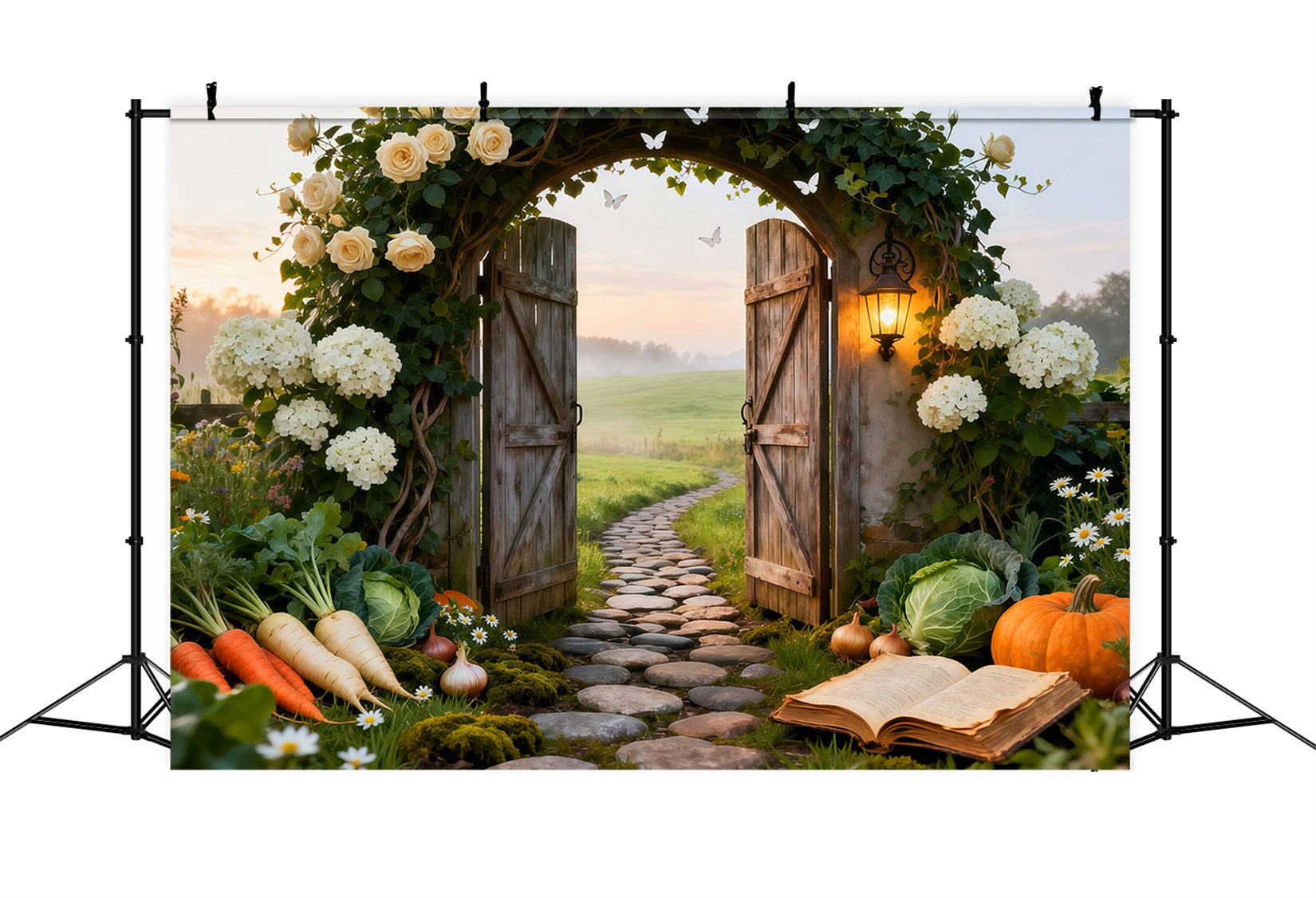 Toile de fond Photo Printemps Portail Ferme Rustique Prairie Lever Du Soleil LXX61-164