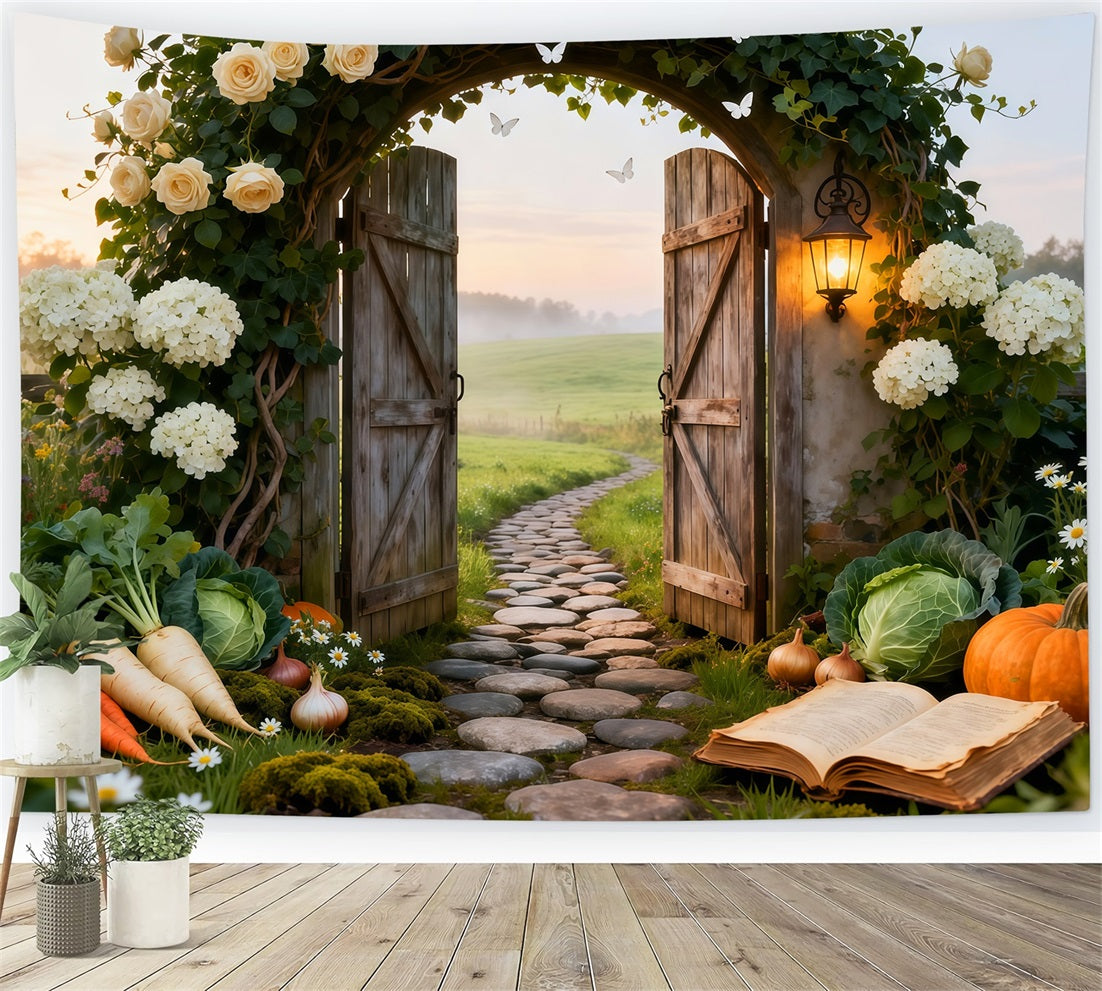 Toile de fond Photo Printemps Portail Ferme Rustique Prairie Lever Du Soleil LXX61-164