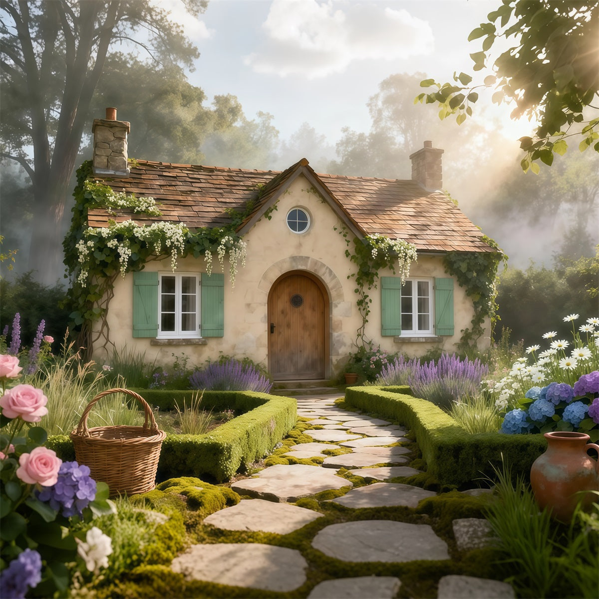 Toile de fond Photo Printemps Chemin Pierre Cottage Rustique LXX61-168