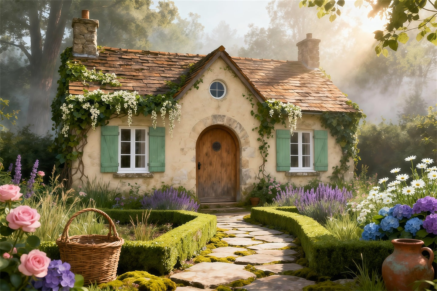 Toile de fond Photo Printemps Chemin Pierre Cottage Rustique LXX61-168