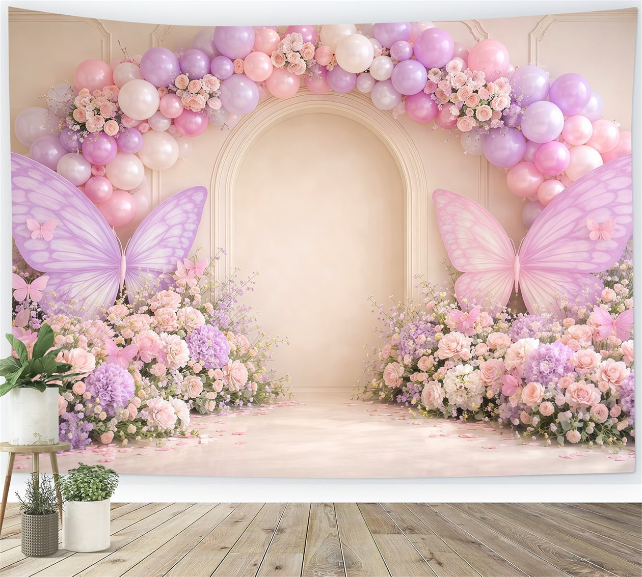 Fond Studio Photo Printemps Mur Arche Ballons Pastel Fleurs LXX61-171