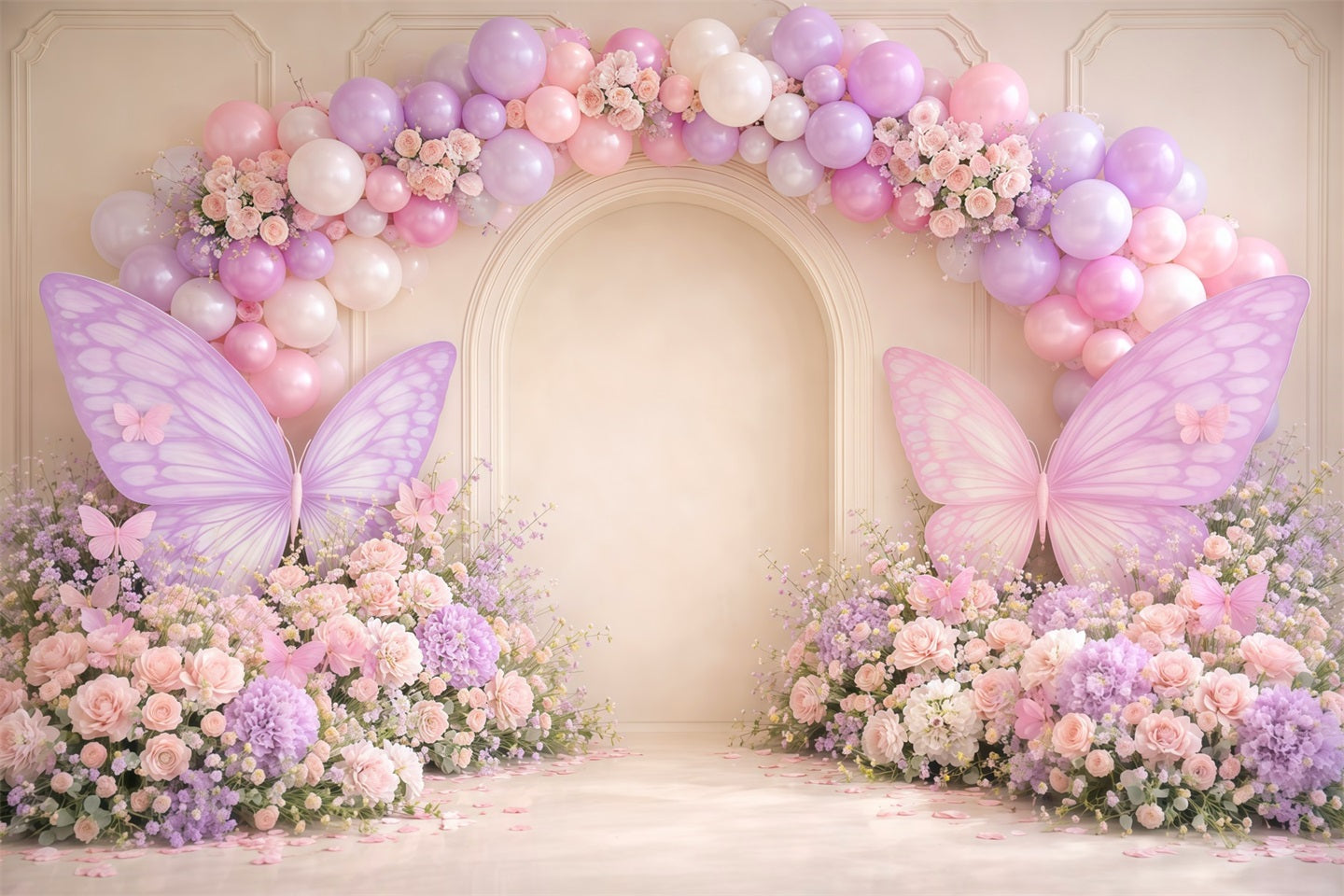 Fond Studio Photo Printemps Mur Arche Ballons Pastel Fleurs LXX61-171