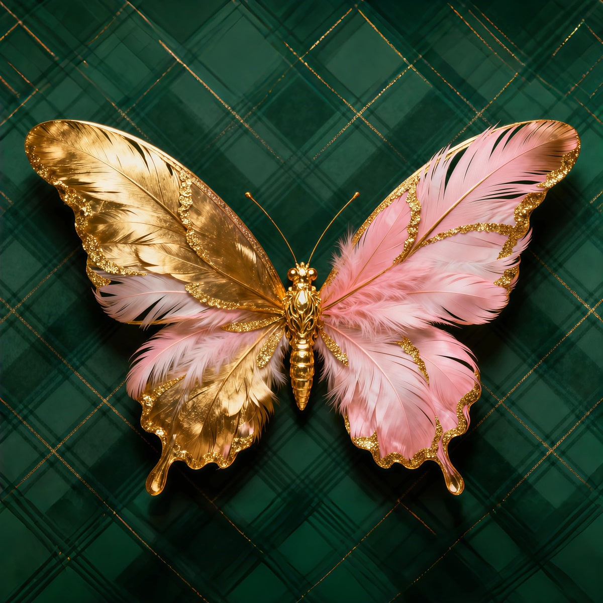 Toile de fond Printemps Emblème Plumes Dorées Roses LXX61-174