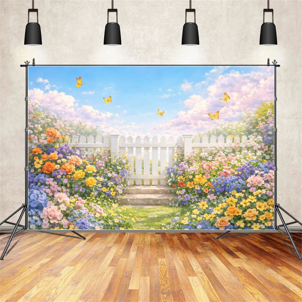 Fond Studio Photo Floral Clôture Blanche Jardin Papillons LXX61-179