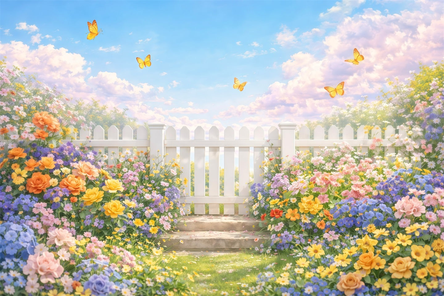 Fond Studio Photo Floral Clôture Blanche Jardin Papillons LXX61-179