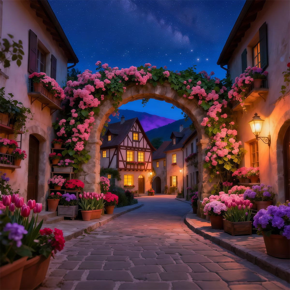 Toile de fond Fleur Arche Fleurs Village Crépuscule LXX61-210