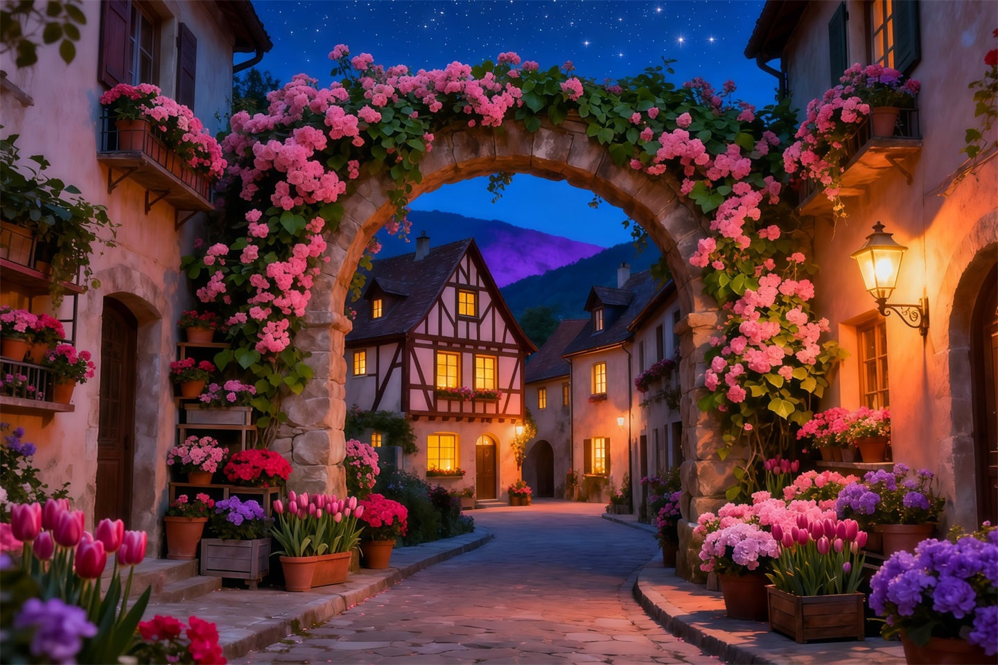 Toile de fond Fleur Arche Fleurs Village Crépuscule LXX61-210