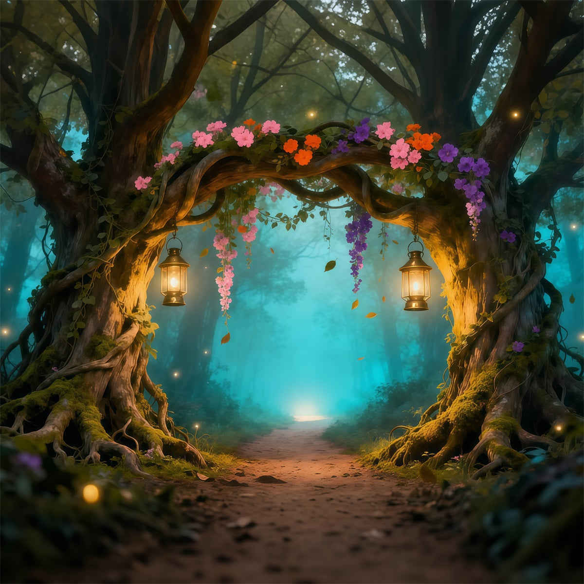 Fond Studio Photo Floral Arche Lanternes Forêt Enchantée LXX61-211