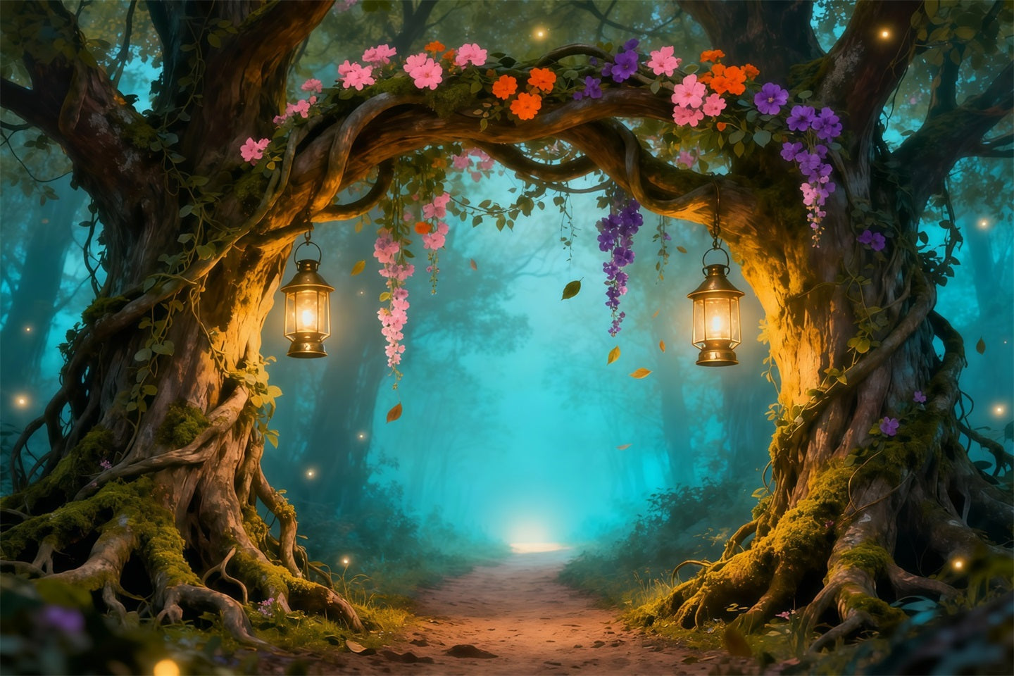 Fond Studio Photo Floral Arche Lanternes Forêt Enchantée LXX61-211