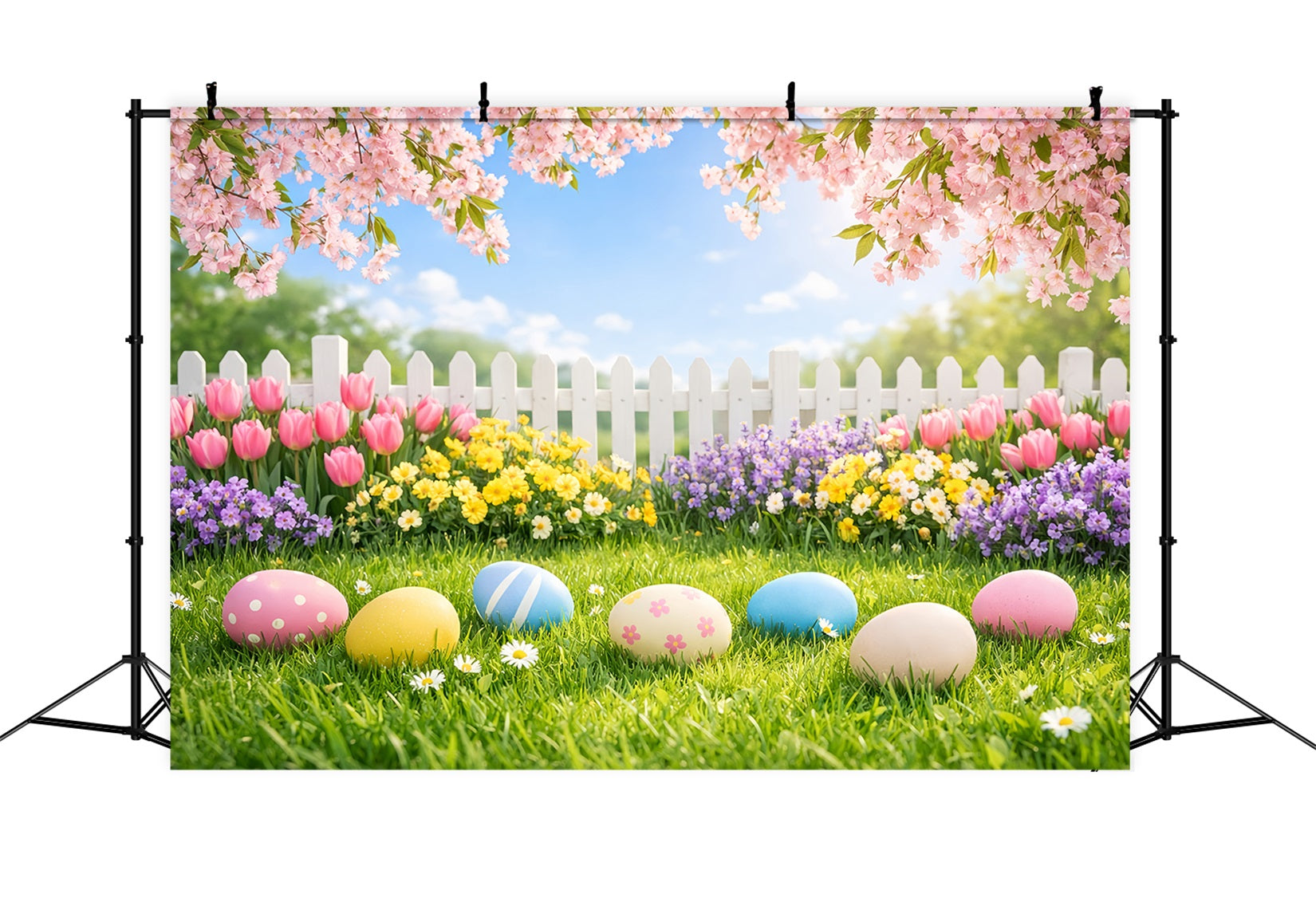 Toile de fond de Pâques Pelouse Jardin Fleurs Cerisier LXX61-35