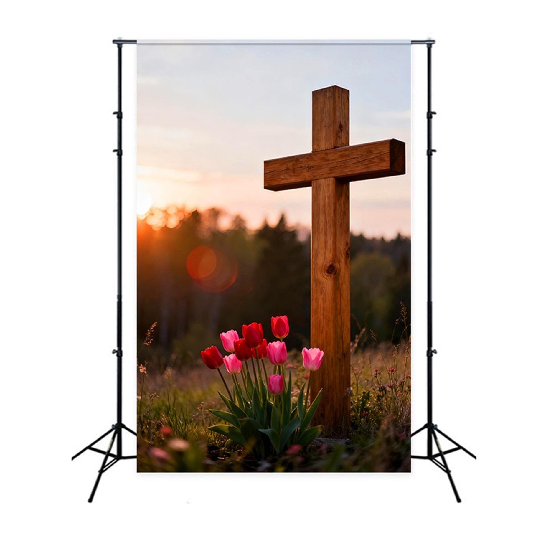 Toile de fond de Pâques Croix Bois Prairie Tulipees LXX61-43