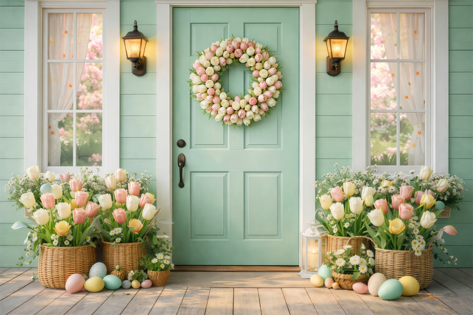 Fond de Pâques Porche Porte Menthe Couronne Tulipees LXX61-56