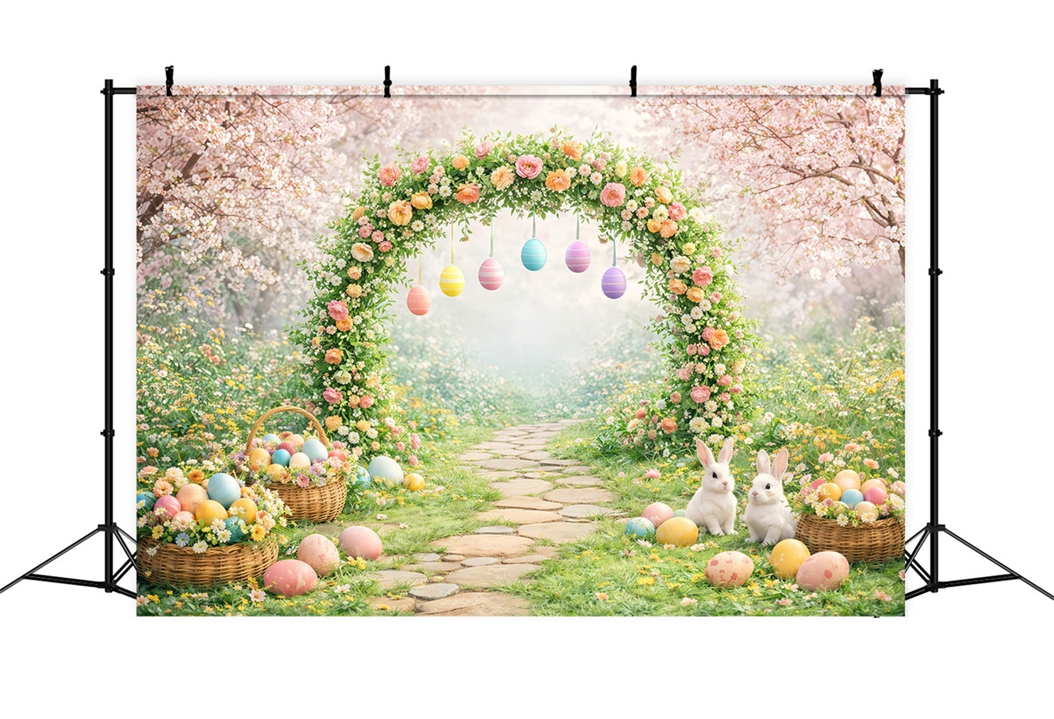 Toile de fond de Pâques Arche Jardin Fleurie Lapin Œufs LXX61-67