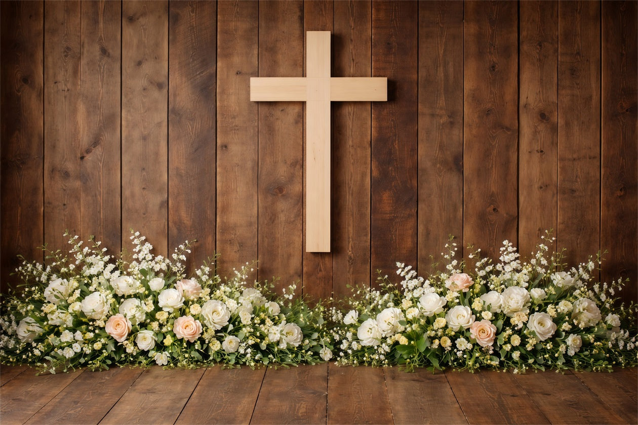 Fond Photo Pâques Base Florale Croix Bois Rustique LXX61-69
