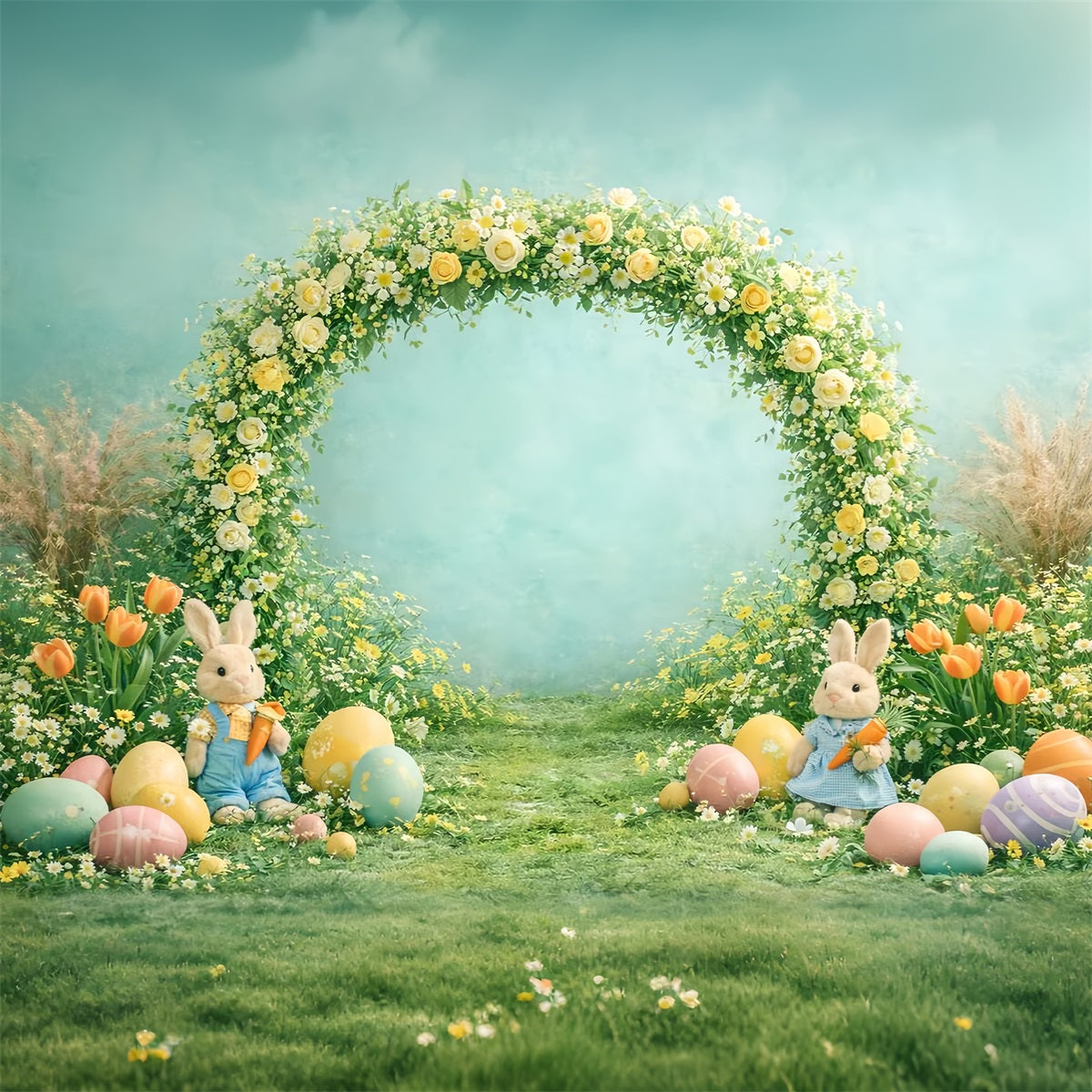Toile de fond de Pâques Arche Printanière Lapin Tulipees LXX61-79
