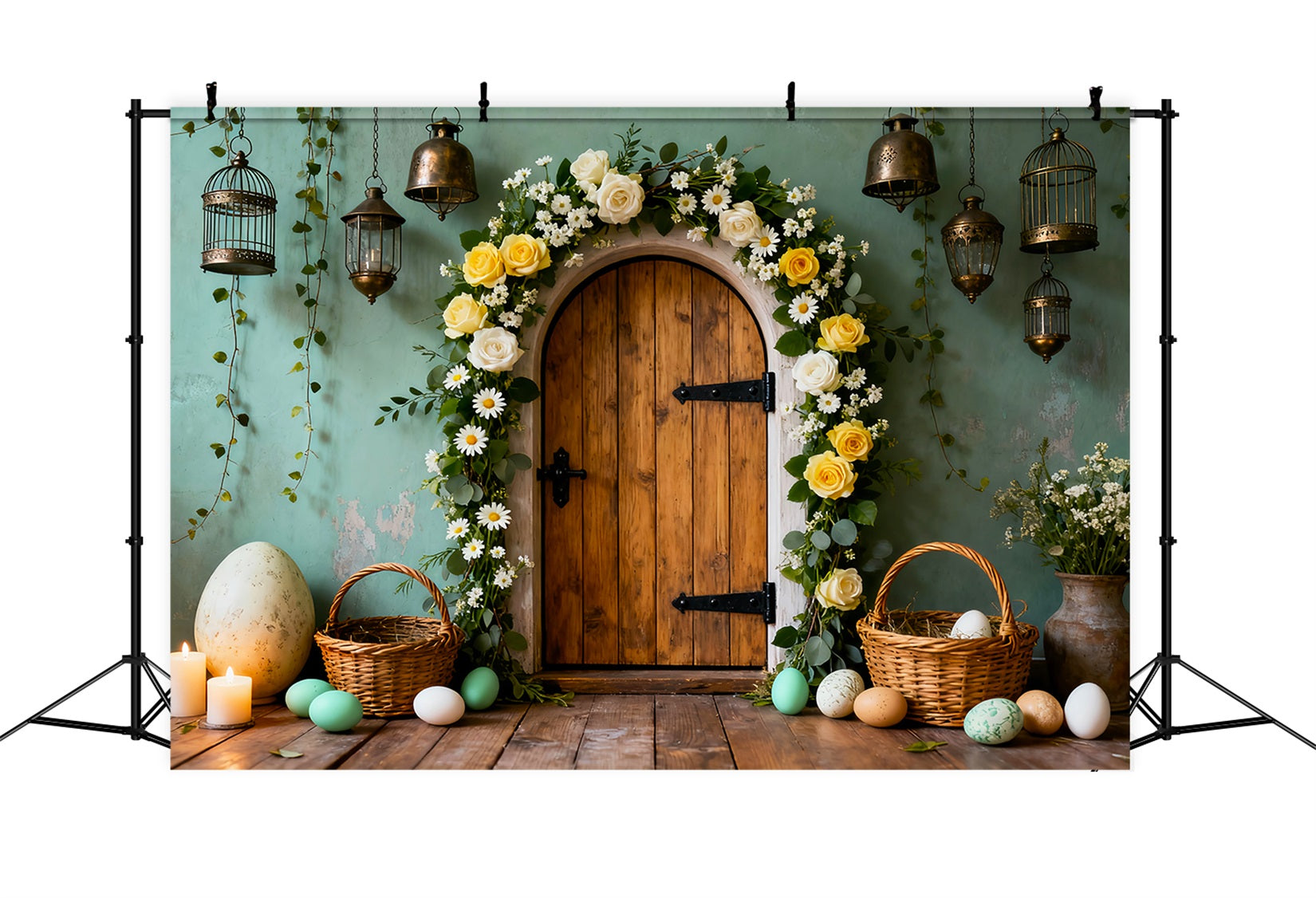Toile de fond Pâques Arche Florale Porte Bois LXX61-82