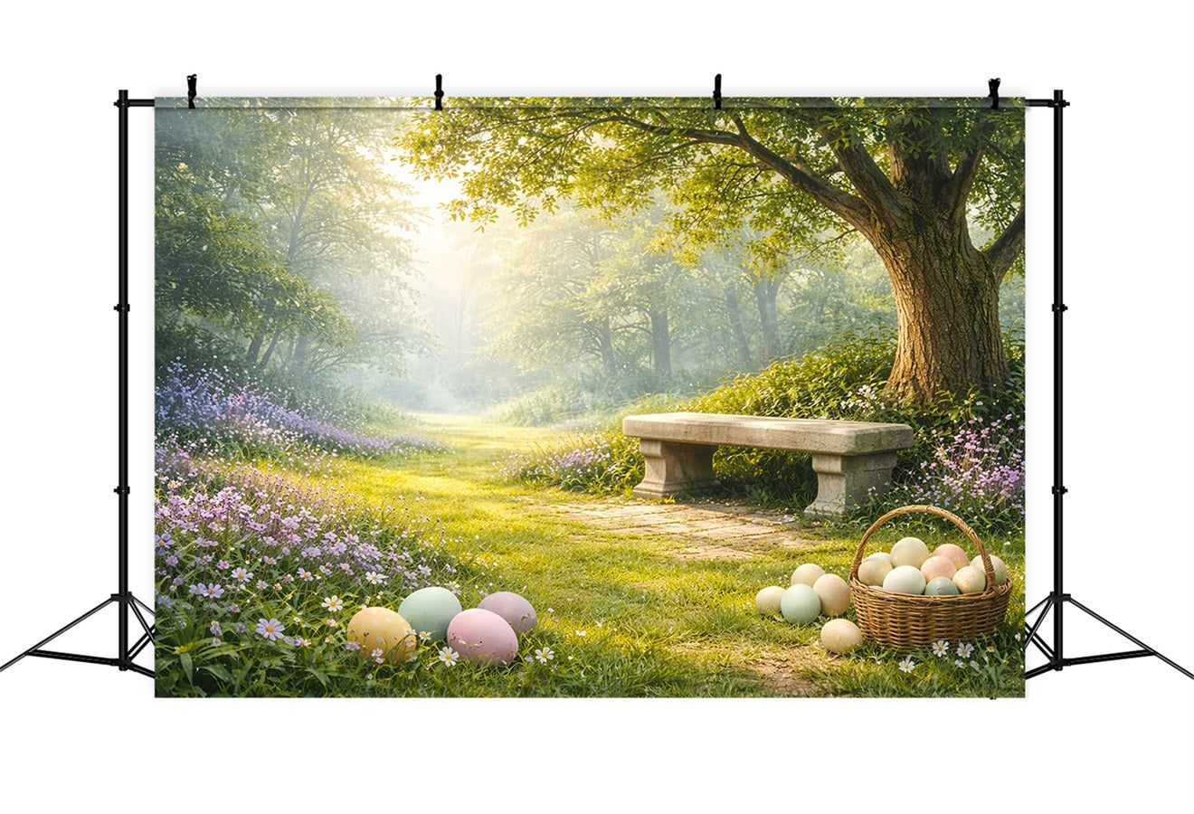 Toile de fond de Pâques Banc Prairie Forêt Baignée De Soleil LXX61-83