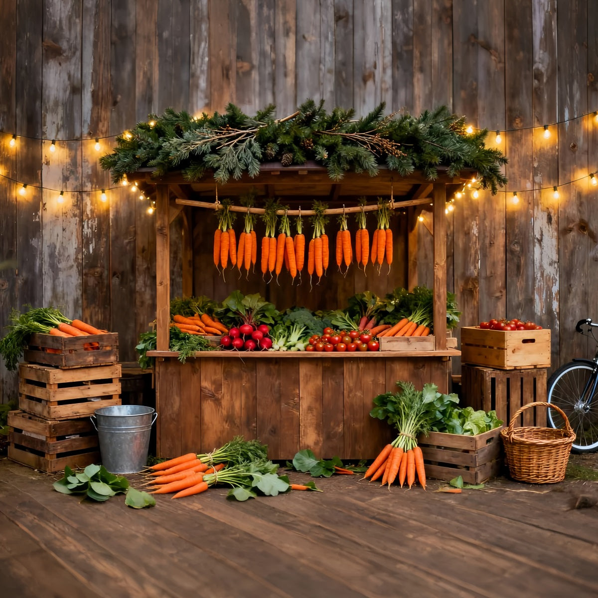 Fond Photo Pâques Stand Marché Rustique Guirlandes Lumineuses LXX61-97
