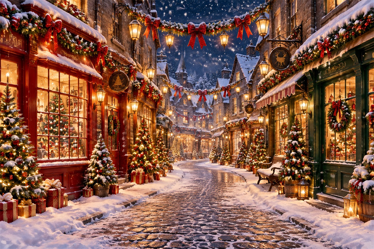 Fond De Village De Noël Rue Hivernale Lanternes Enneigées LXX610-153