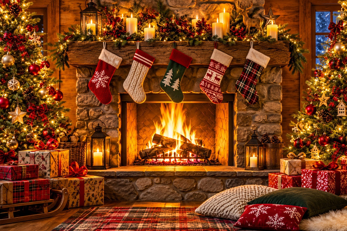 Fond Photo De Noël Salon Rustique Chaussettes Cheminée LXX610-154