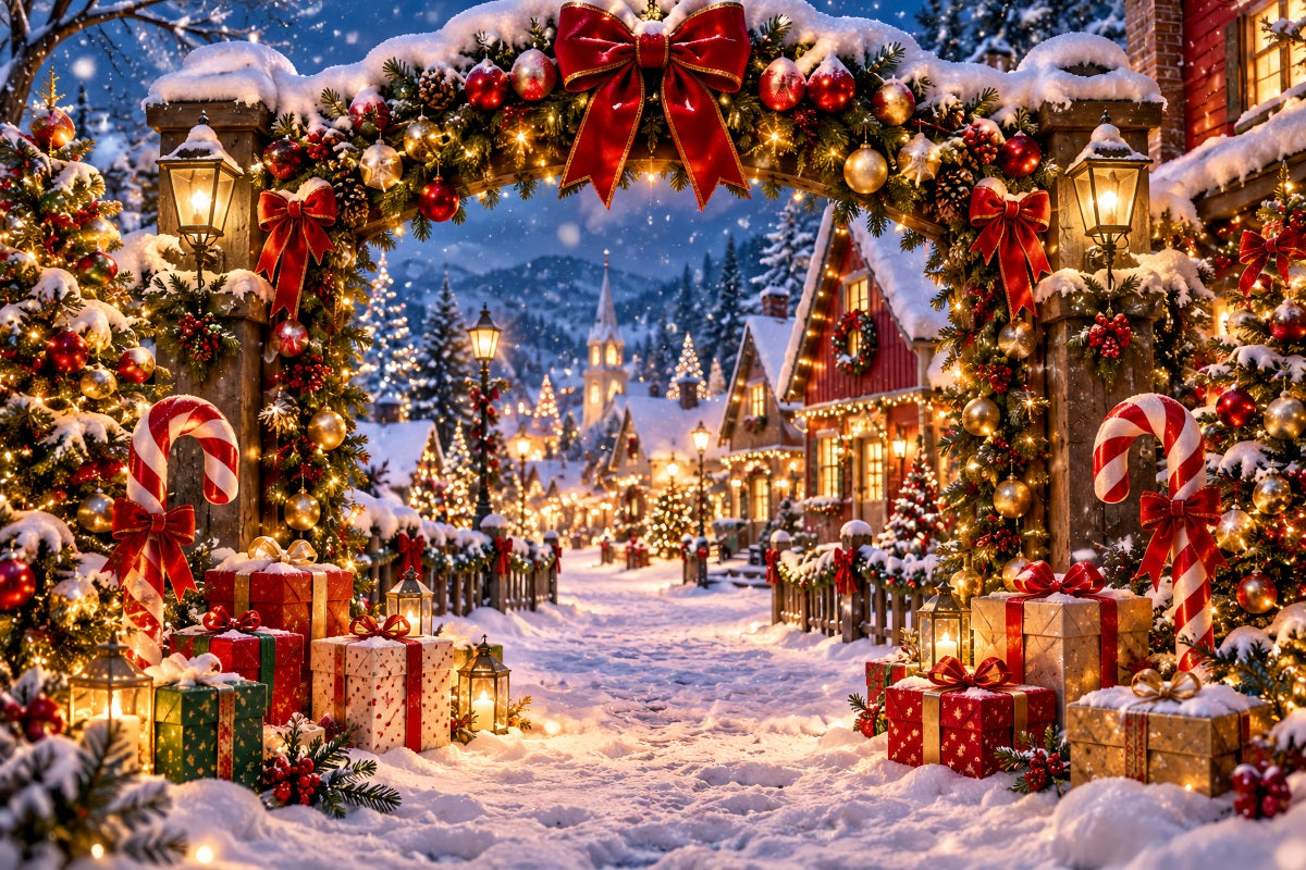 Fond De Village De Noël Entrée Bonbons Sucre Enneigée LXX610-162