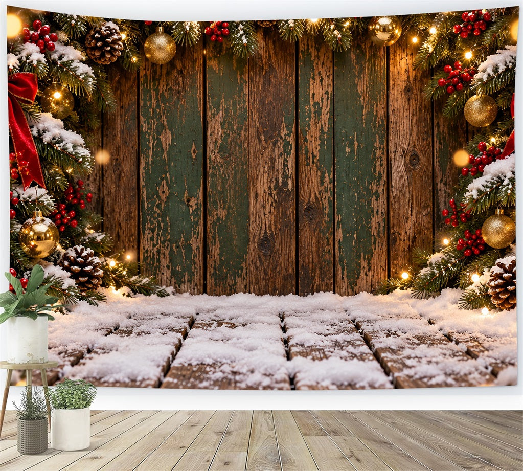 Fond De Noël Planches Vertes Vieillies Guirlande LXX610-166