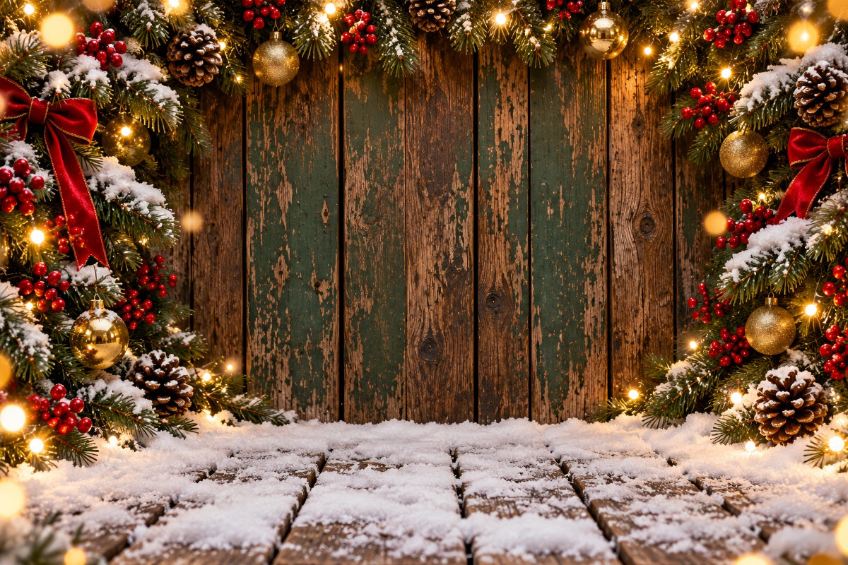 Fond De Noël Planches Vertes Vieillies Guirlande LXX610-166