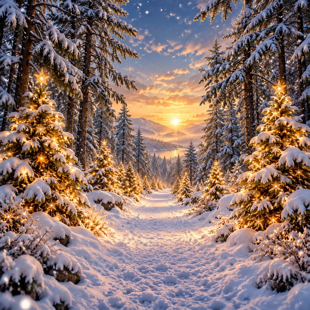 Fond De Forêt De Noël Coucher Soleil Doré Sapins Enneigés LXX610-167