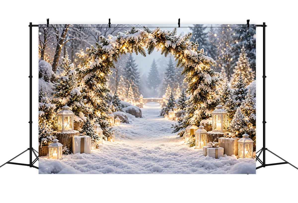 Fond Photo De Noël Paysage Hivernal Arche Lanternes Enneigées LXX610-169