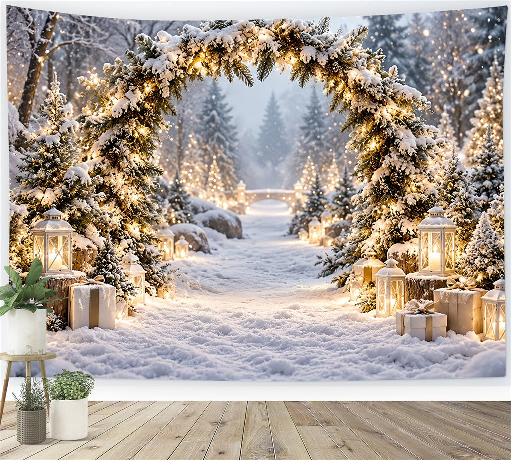 Fond Photo De Noël Paysage Hivernal Arche Lanternes Enneigées LXX610-169