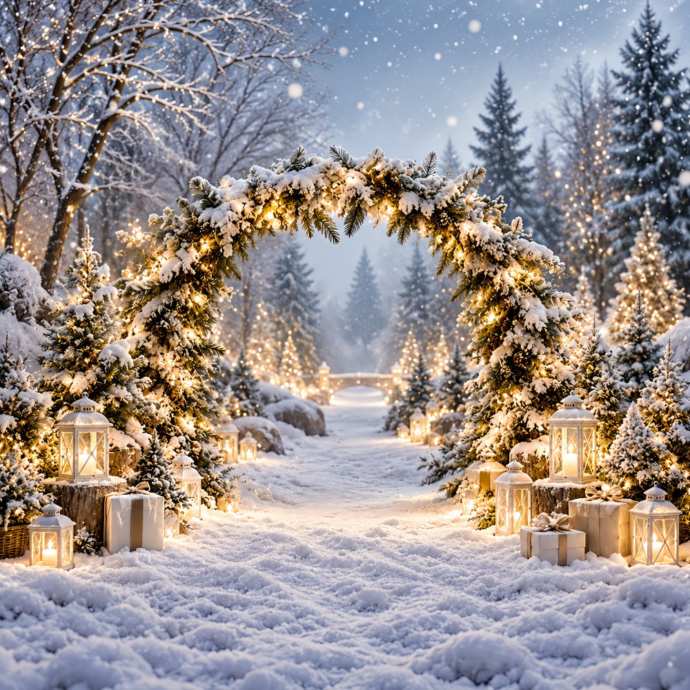 Fond Photo De Noël Paysage Hivernal Arche Lanternes Enneigées LXX610-169