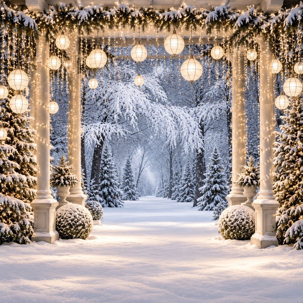 Fond De Forêt De Noël Allée Colonnes Lanternes Enneigées LXX610-177