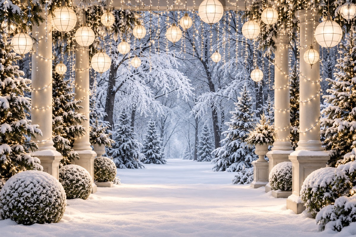 Fond De Forêt De Noël Allée Colonnes Lanternes Enneigées LXX610-177