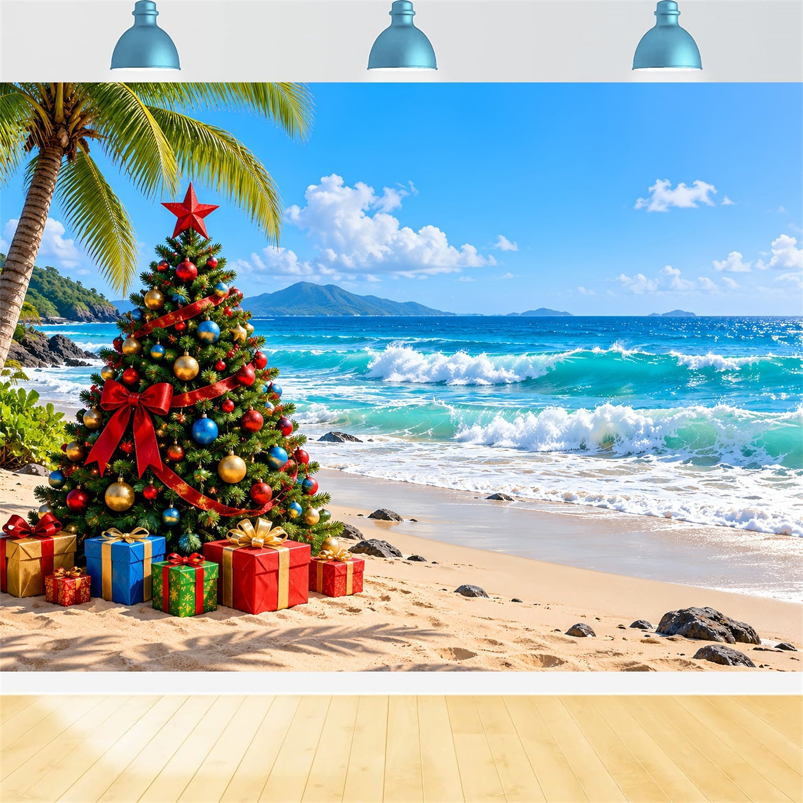 Fond De Sapins De Noël Tropical Palmiers Plage Festive LXX610-179