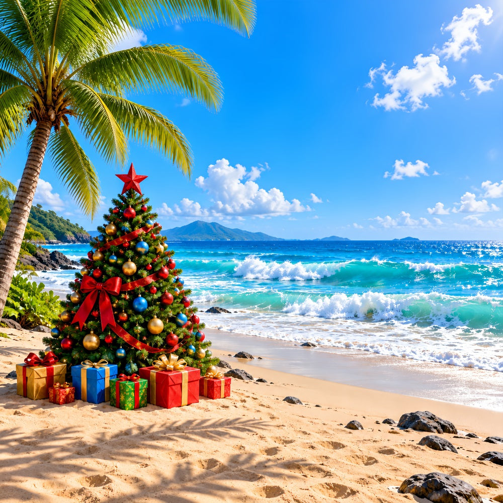 Fond De Sapins De Noël Tropical Palmiers Plage Festive LXX610-179