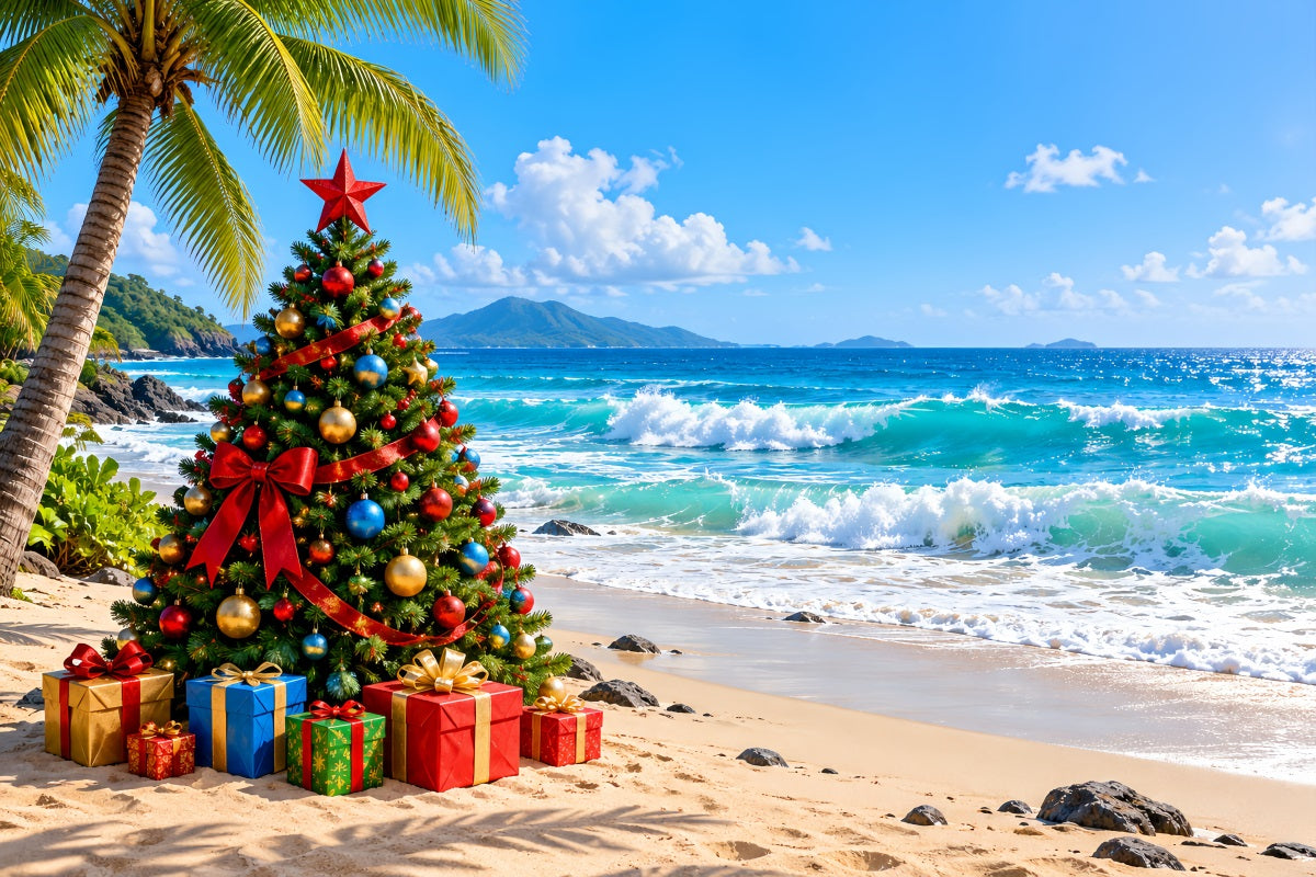 Fond De Sapins De Noël Tropical Palmiers Plage Festive LXX610-179
