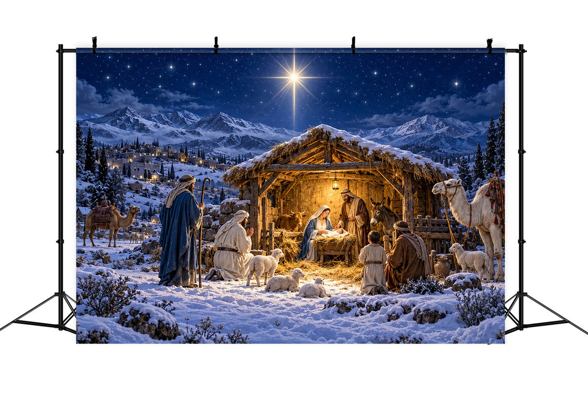 Fond De Crèche De Noël Étoile Bethléem Montagnes Enneigées LXX610-181