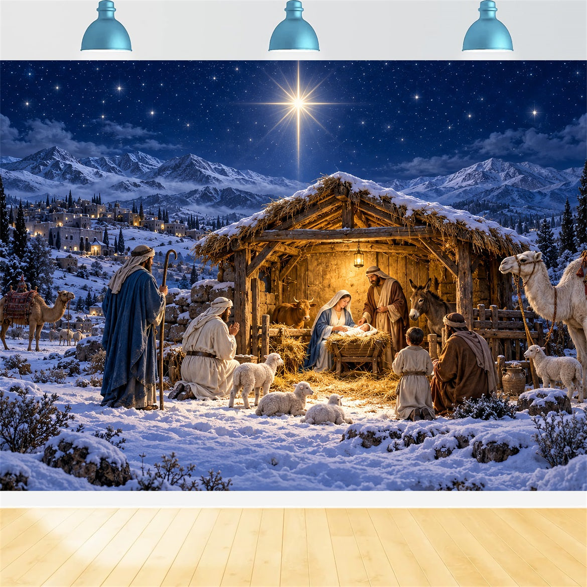 Fond De Crèche De Noël Étoile Bethléem Montagnes Enneigées LXX610-181