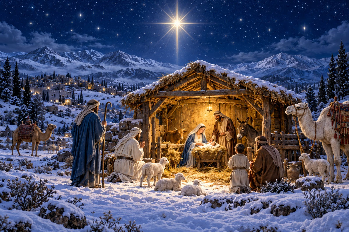 Fond De Crèche De Noël Étoile Bethléem Montagnes Enneigées LXX610-181