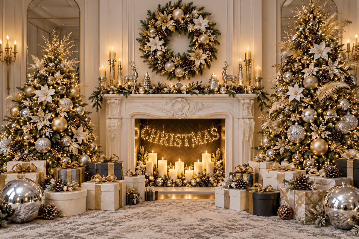 Fond Photo De Noël Cheminée Ivoire Doré Élégance LXX610-184
