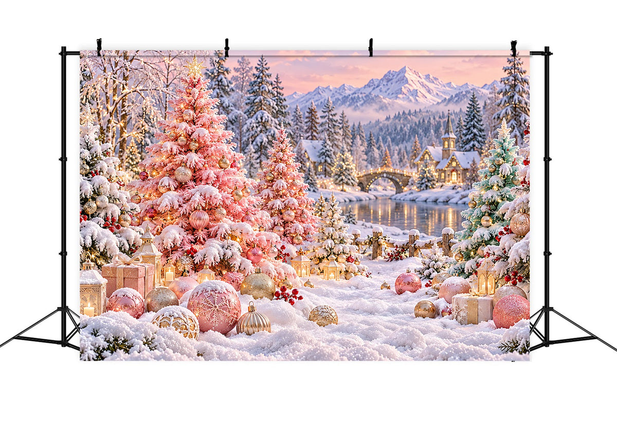 Fond De Sapins De Noël Village Enneigé Rose Poudré LXX610-185
