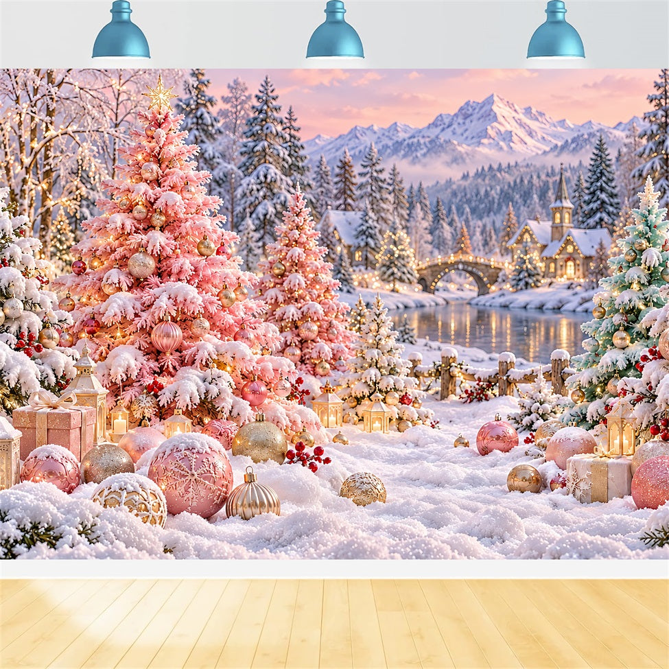 Fond De Sapins De Noël Village Enneigé Rose Poudré LXX610-185