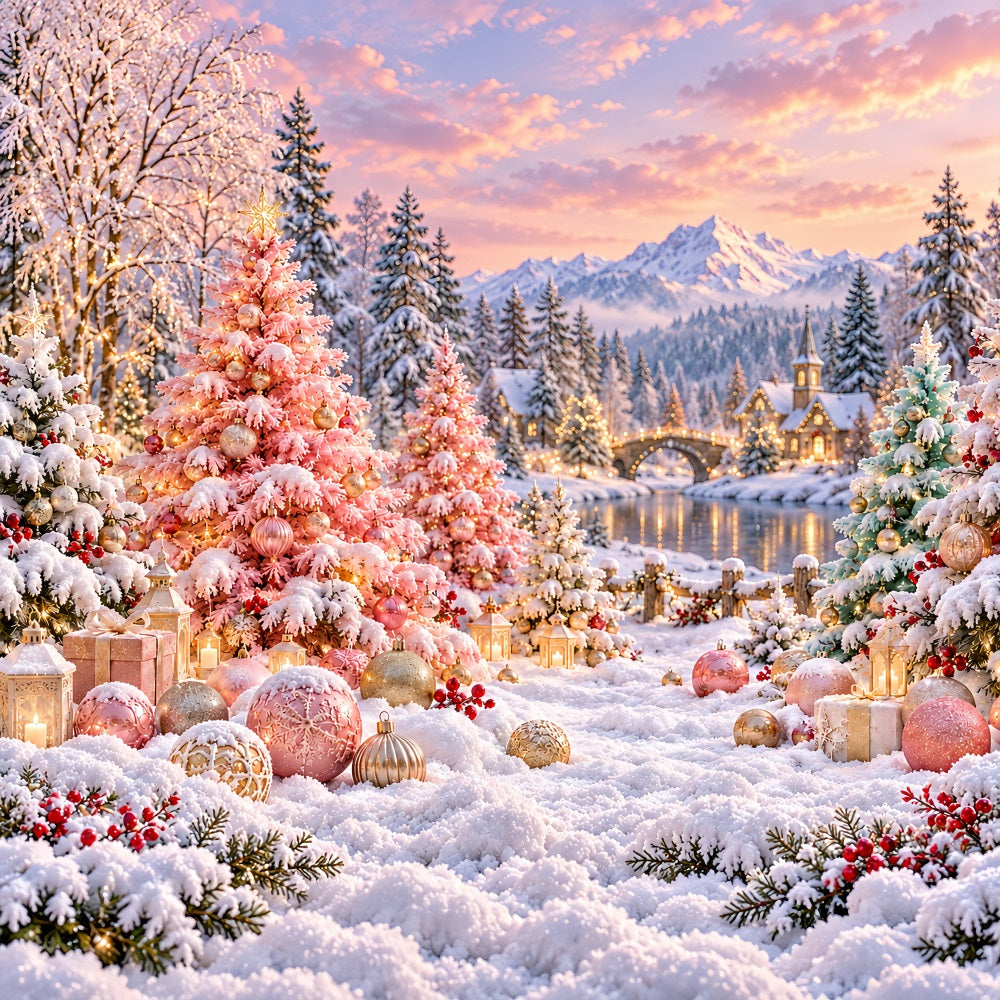 Fond De Sapins De Noël Village Enneigé Rose Poudré LXX610-185