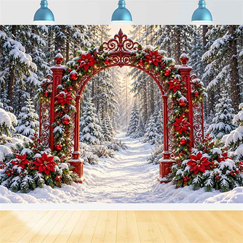 Fond De Noël Forêt Arche Poinsettias Rouges Enneigée LXX610-187