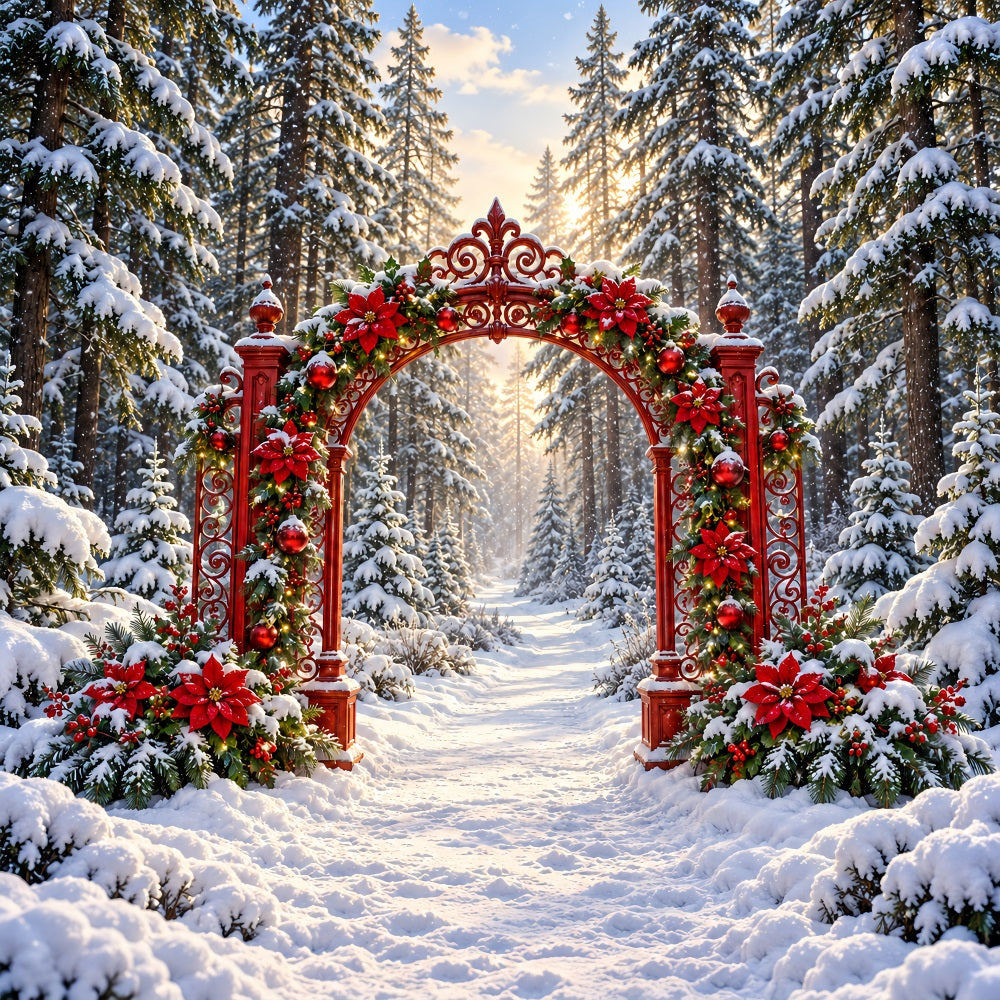 Fond De Noël Forêt Arche Poinsettias Rouges Enneigée LXX610-187