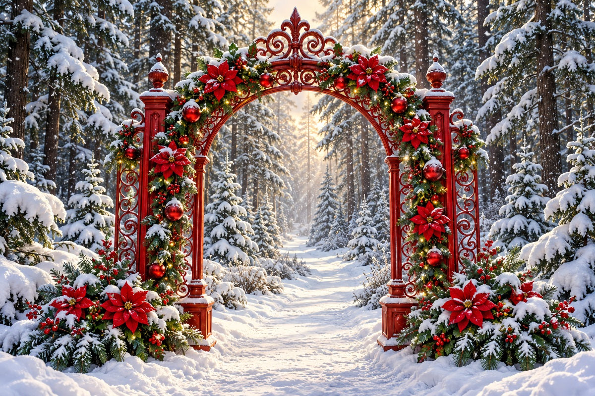 Fond De Noël Forêt Arche Poinsettias Rouges Enneigée LXX610-187