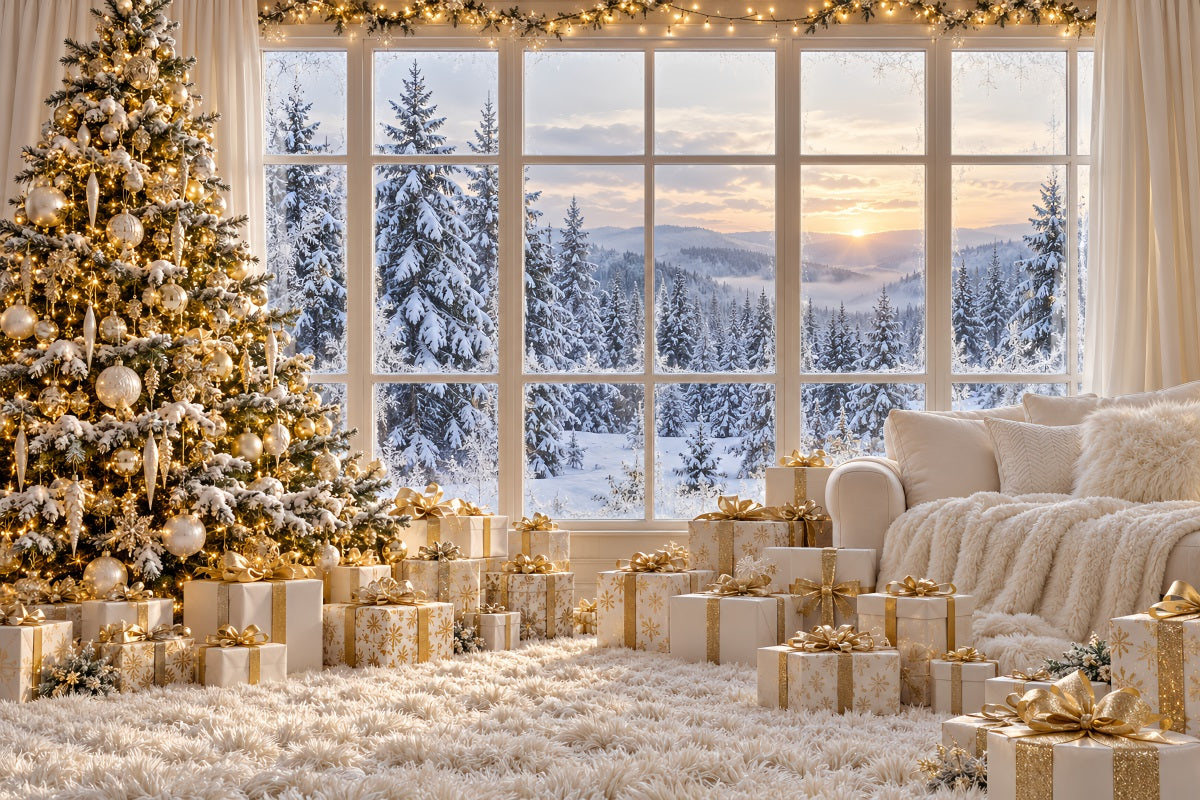 Fond Photo De Noël Blanc Ivoire Doré Fenêtre Élégante LXX610-188