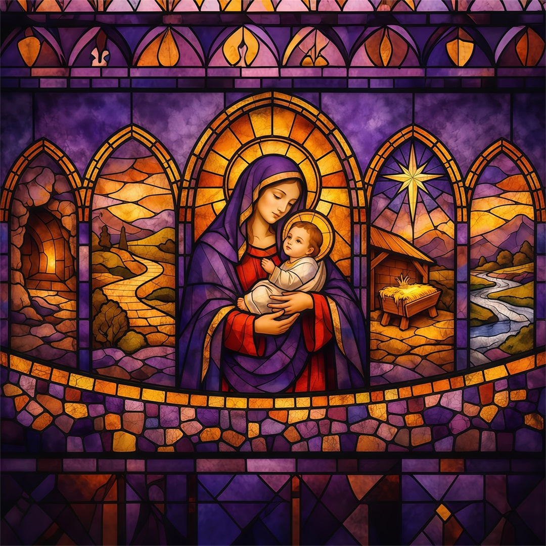 Toile de fond Studio Pâques Vitrail Nativité Sainte Mère et Enfant LXX62-34