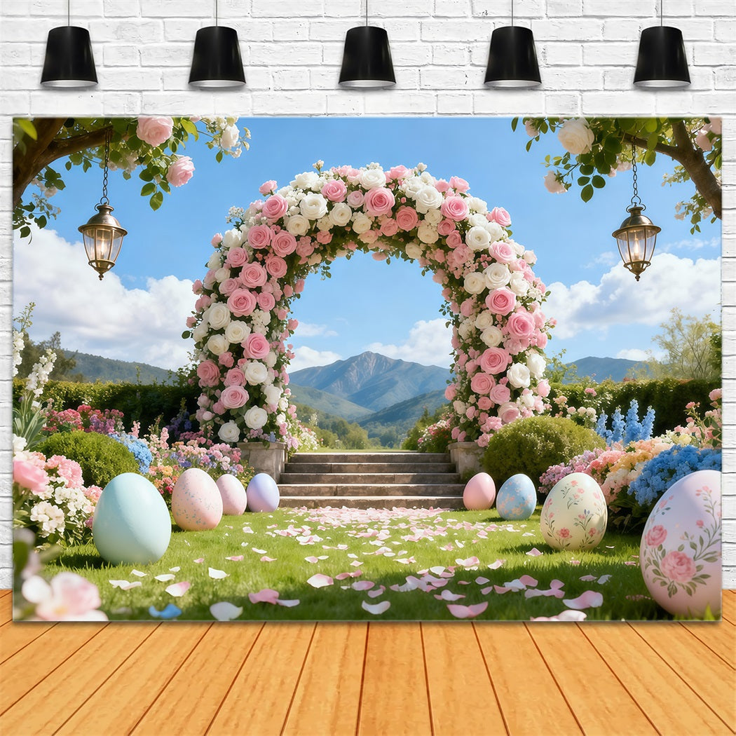 Toile de fond Photo Pâques Arche Rose Jardin Romantique Paysage Montagne LXX62-50
